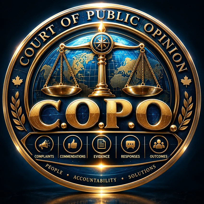 COPO gold-and-blue emblem featuring scales of justice, a globe and public accountability symbols